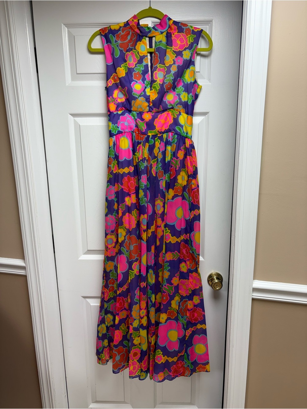 Vintage 1970 Vibrant Floral Maxi Dress in Purple, Pink & Yellow Size 4